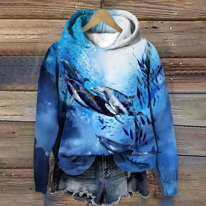Whales On The Seabed Print Long Sleeve Hoodie - Blue - 8XL - image 1