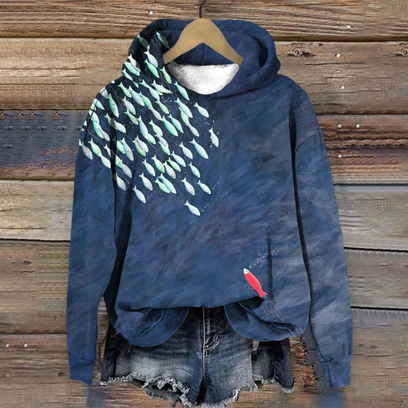 Interesting Fish Print Long Sleeve Hoodie - Dark Blue - 8XL - image 1