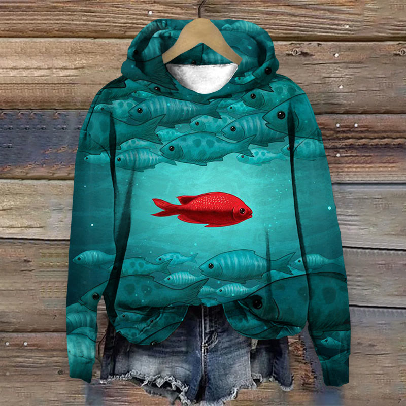 Fish Art Print Long Sleeve Hoodie - Green - 8XL - image 1