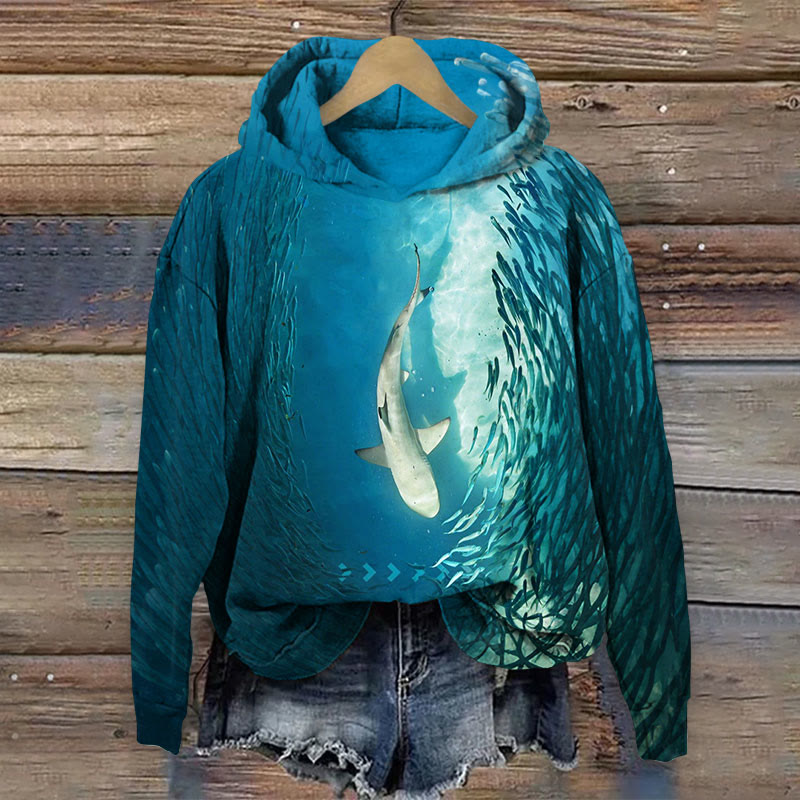 Shark Art Print Long Sleeve Hoodie - Blue - 8XL - image 1