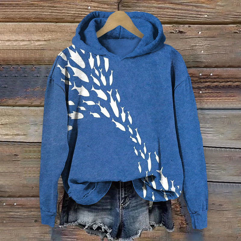 Line Art School Of Fish Print Long Sleeve Hoodie - Blue - 8XL - image 1