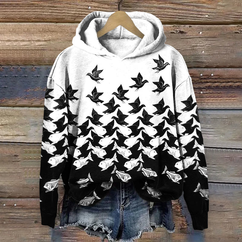 Black And White Contrast Fish Art Print Long Sleeve Hoodie - Black - 8XL - image 1