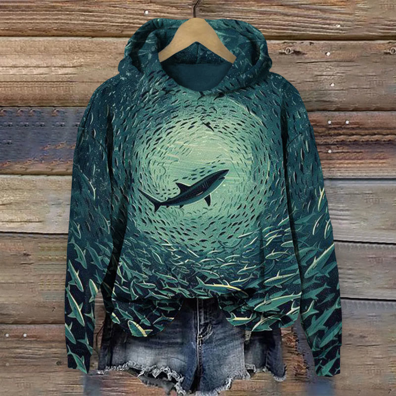 Shark Vortex Art Print Long Sleeve Hoodie - Dark Green - 8XL - image 1