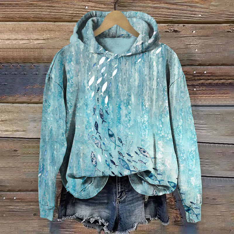 Mural Art Fish Print Long Sleeve Hoodie - Light Blue - 8XL - image 1