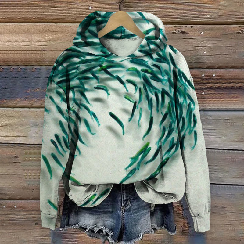 Fish Art Print Long Sleeve Hoodie - Dark Green - 8XL - image 1