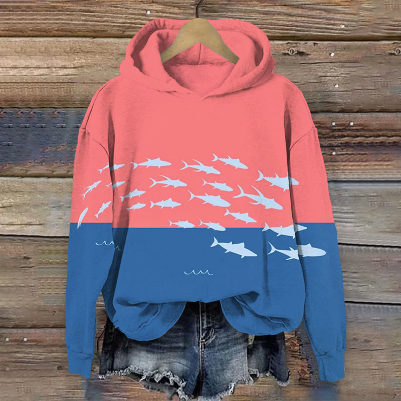 Contrasting Color Fish Print Long Sleeve Hoodie - Dark Pink - 8XL - image 1