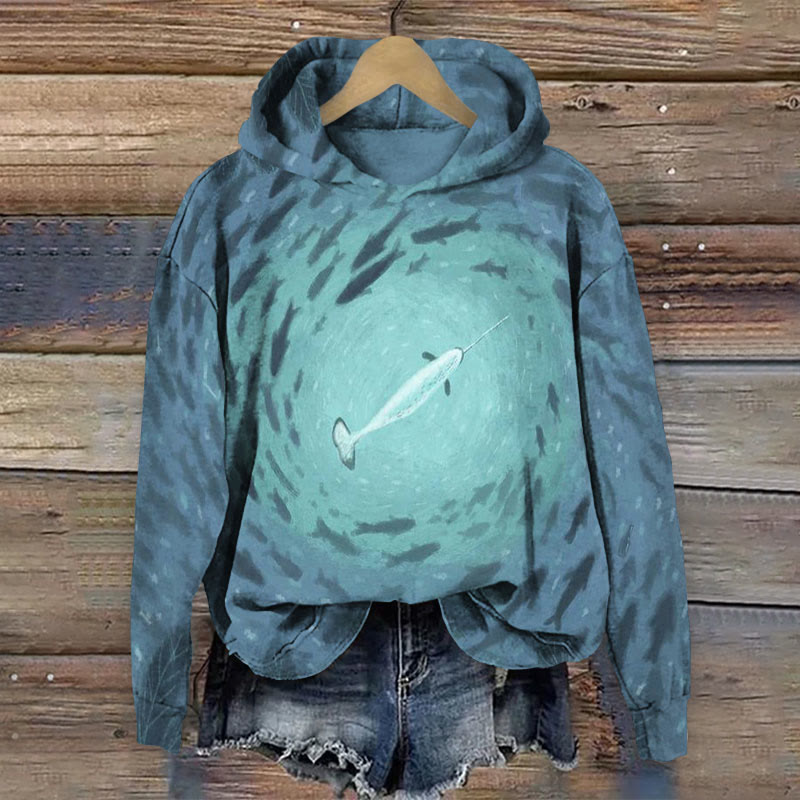 Swirl Shark Art Print Long Sleeve Hoodie - Grey - 8XL - image 1