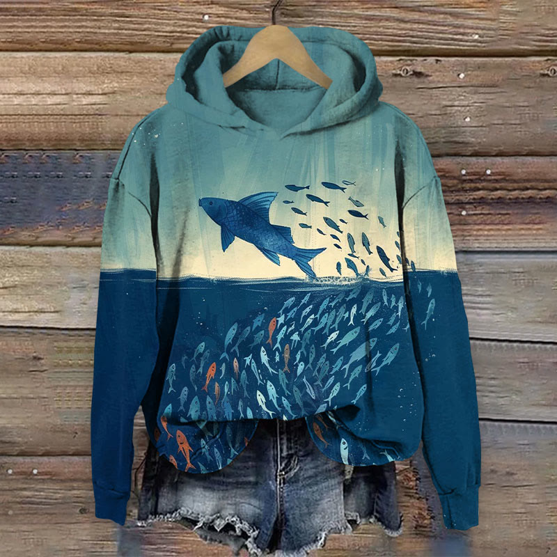 Contrast Color Art Fish Print Long Sleeve Hoodie - Blue - 8XL - image 1