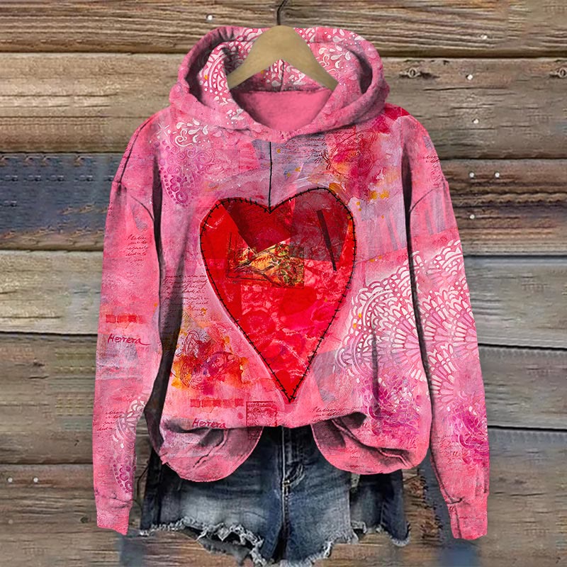 Retro Valentine's Day Heart Painting Long Sleeve Hoodie - Dark Pink - 8XL - image 1