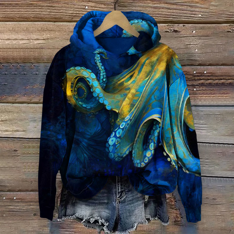 Abstract Oil Painting Octopus Print Long Sleeve Hoodie - Blue - 8XL - image 1