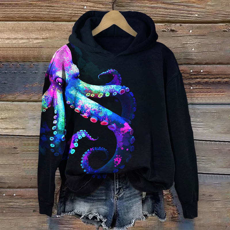 Color Oil Painting Octopus Print Long Sleeve Hoodie - Black - 8XL - image 1