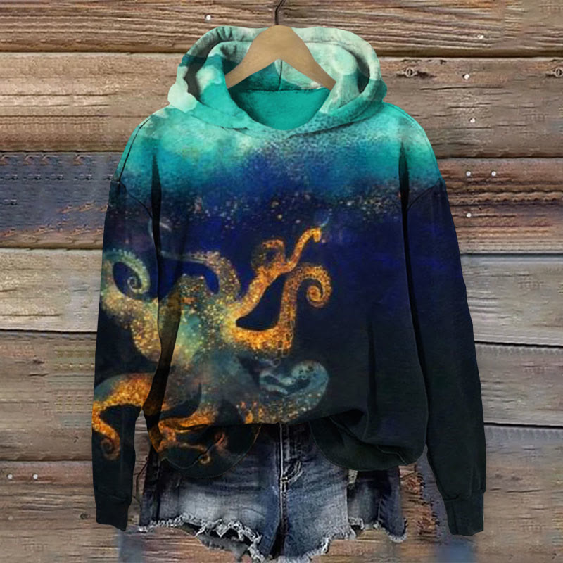 Personality Undersea Octopus Print Long Sleeve Hoodie - Dark Blue - 8XL - image 1