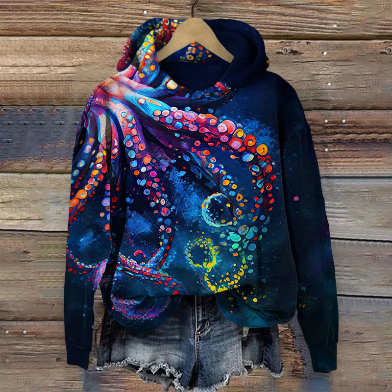 Color Oil Painting Octopus Print Long Sleeve Hoodie - Multicolor - 8XL - image 1