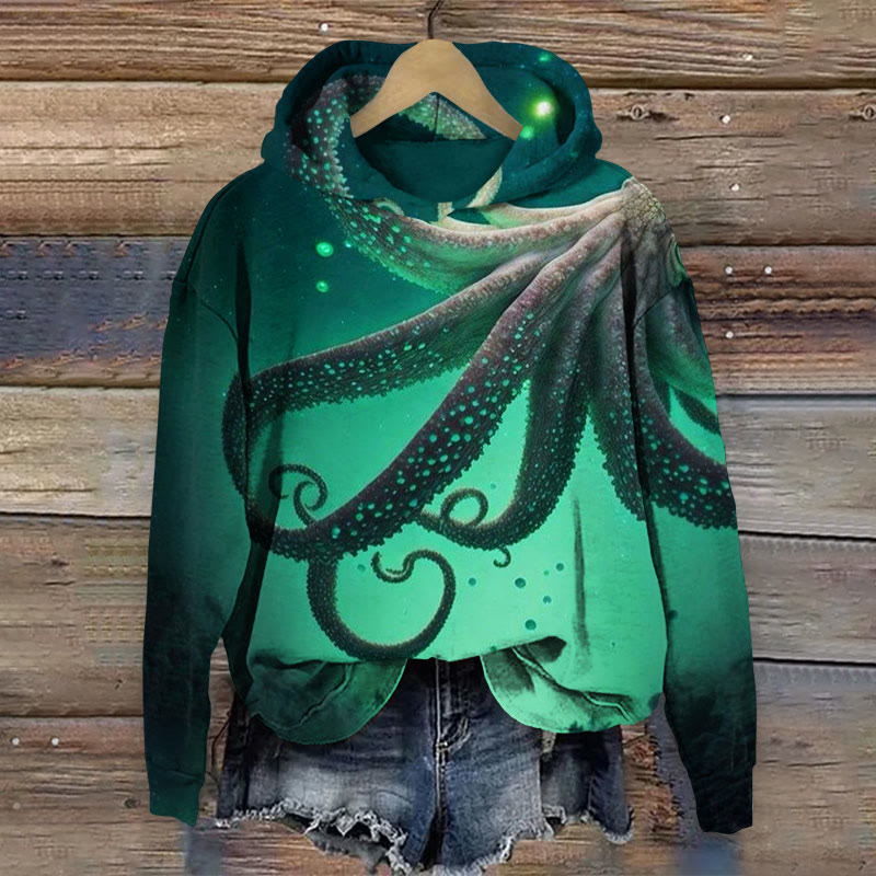 Octopus Print Long Sleeve Hoodie - Green - 8XL - image 1