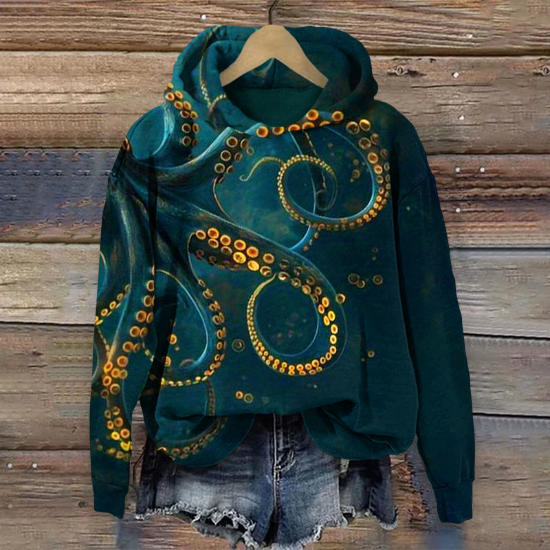 Octopus Oil Painting Print Long Sleeve Hoodie - Dark Green - 8XL - image 1