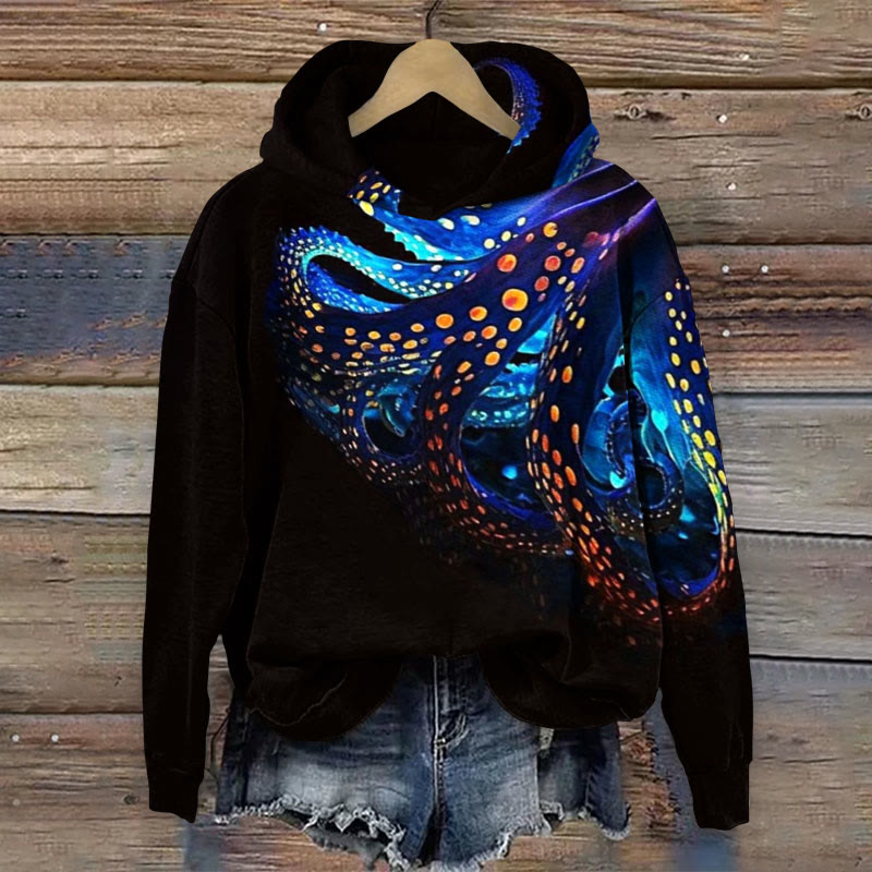 Octopus Art Print Long Sleeve Hoodie - Black - 8XL - image 1