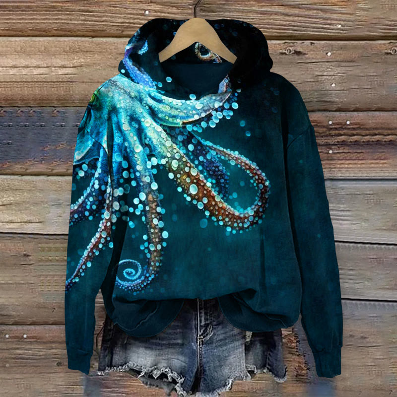 Abstract Art Octopus Print Long Sleeve Hoodie - Blue - 8XL - image 1