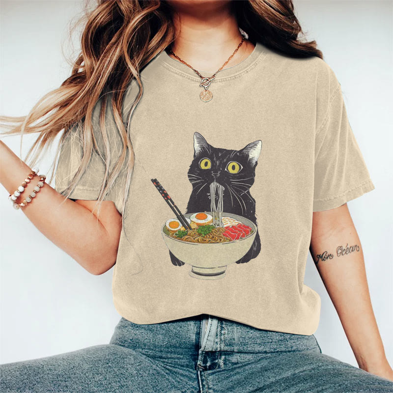 100% Cotton Ramen Cat T-shirt - Apricot - 2XL - image 1