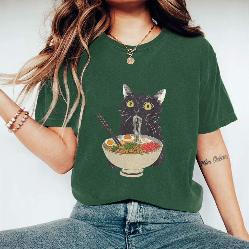 100% Cotton Ramen Cat T-shirt - Green - 2XL - image 5