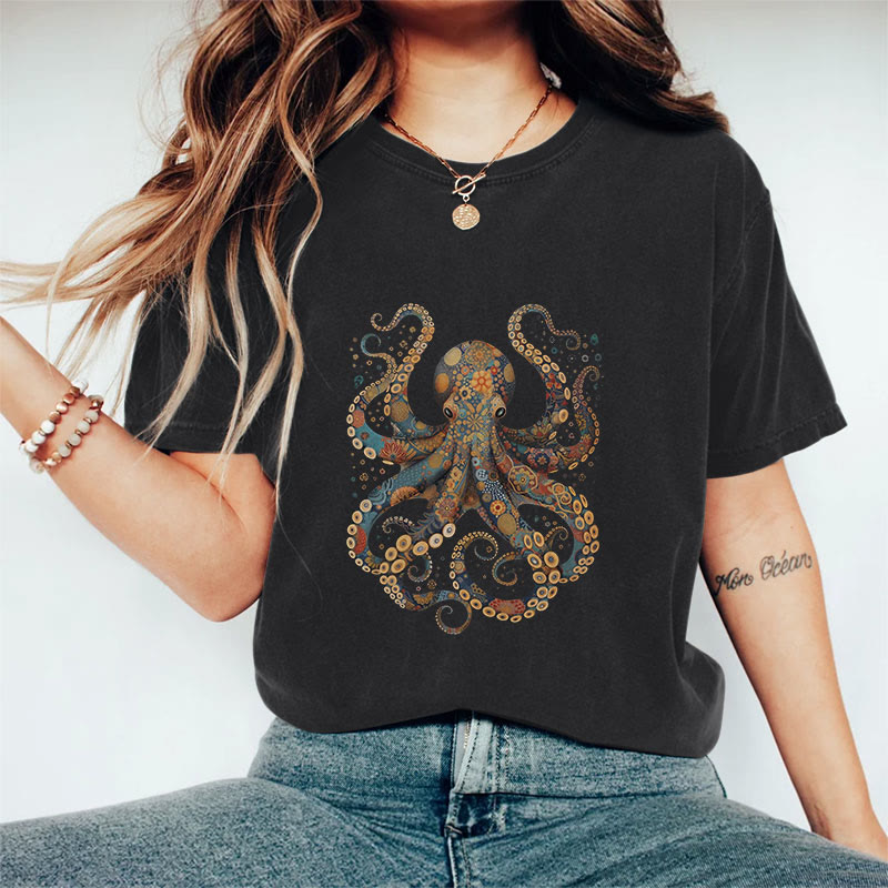 100% Cotton Vintage Flower Patterns Floral Octopus T-shirt - Black - 2XL - image 1
