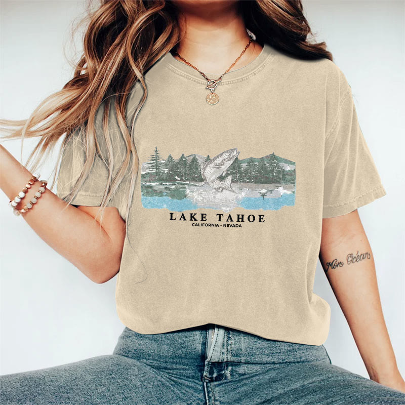 100% Cotton Vintage Lake Tahoe Fish T-shirt - Apricot - 2XL - image 1