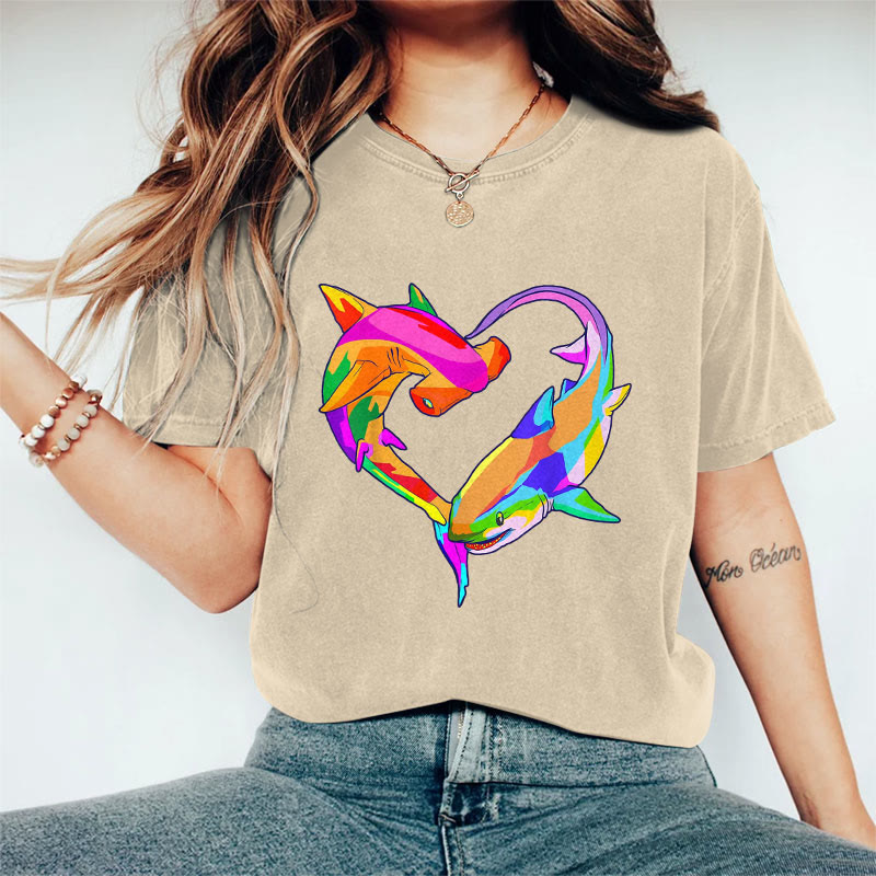 100% Cotton Valentine's Day Shark Heart T-shirt - Apricot - 2XL - image 1