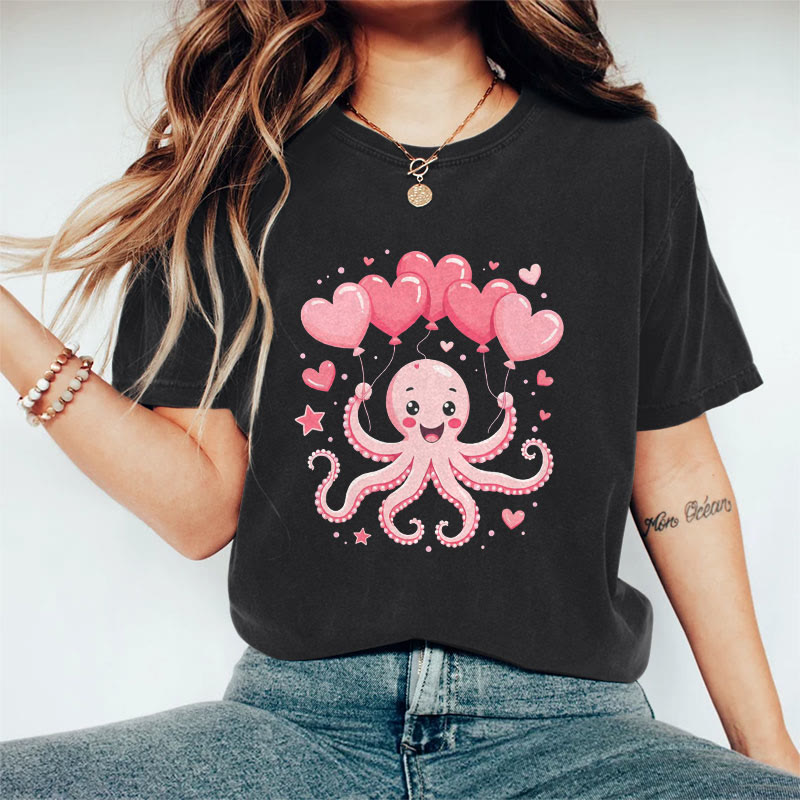 100% Cotton Valentine's Day Octopus Heart T-shirt - Black - 2XL - image 1