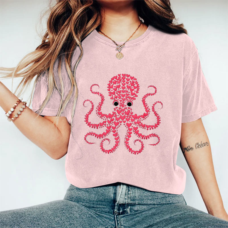 100% Cotton Valentine's Day Octopus Heart T-shirt - Pink - 2XL - image 1