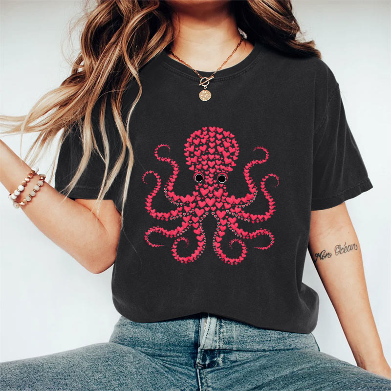 100% Cotton Valentine's Day Octopus Heart T-shirt - Black - 2XL - image 2