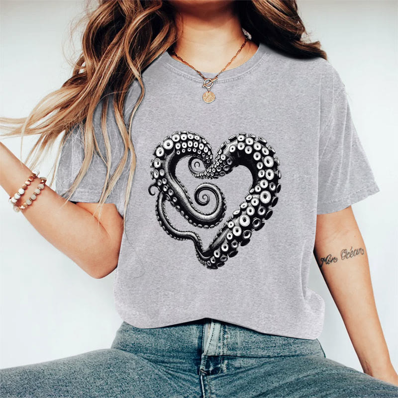 100% Cotton Valentine's Day Abstract Octopus Love Heart T-shirt - Grey - 2XL - image 5
