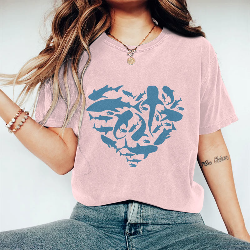 100% Cotton Valentine's Day Shark Heart T-shirt - Pink - 2XL - image 1
