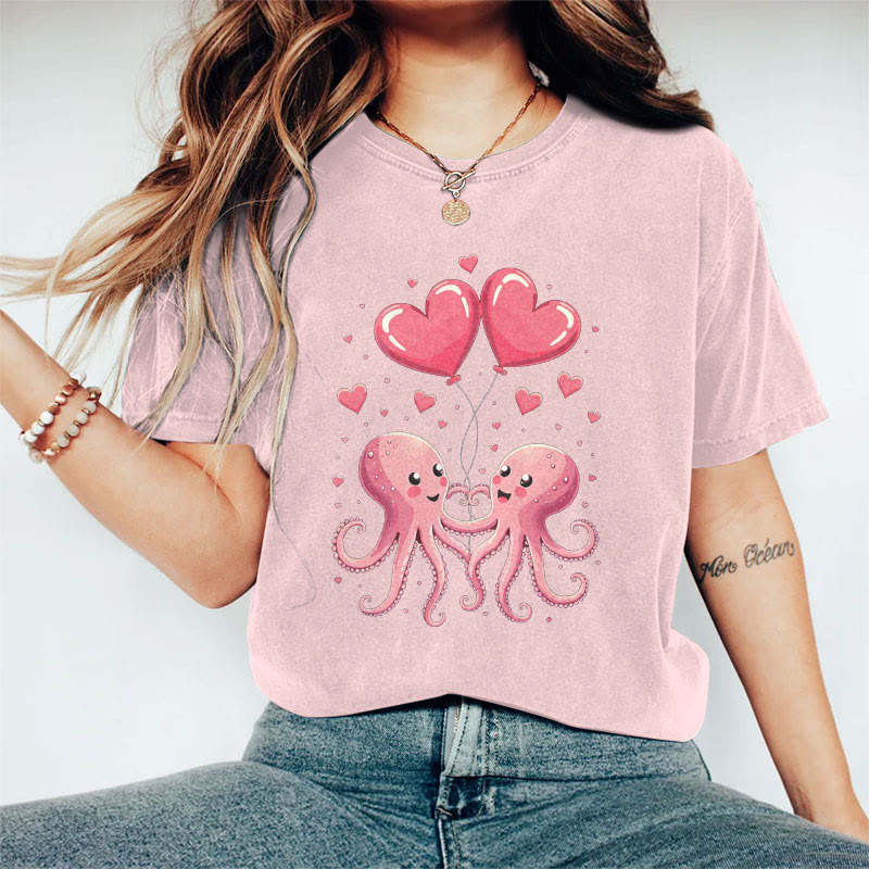 100% Cotton Valentine's Day Octopus Heart T-shirt - Pink - 2XL - image 1