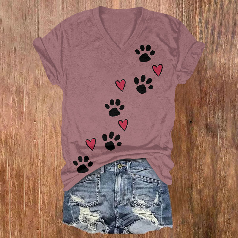 Valentine's Day Heart Cat Footprints Print T-shirt - Purple - 5XL - image 1