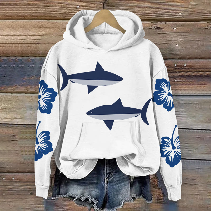 100% Cotton Shark And Dahlia Print Hoodie - White - 2XL - image 1