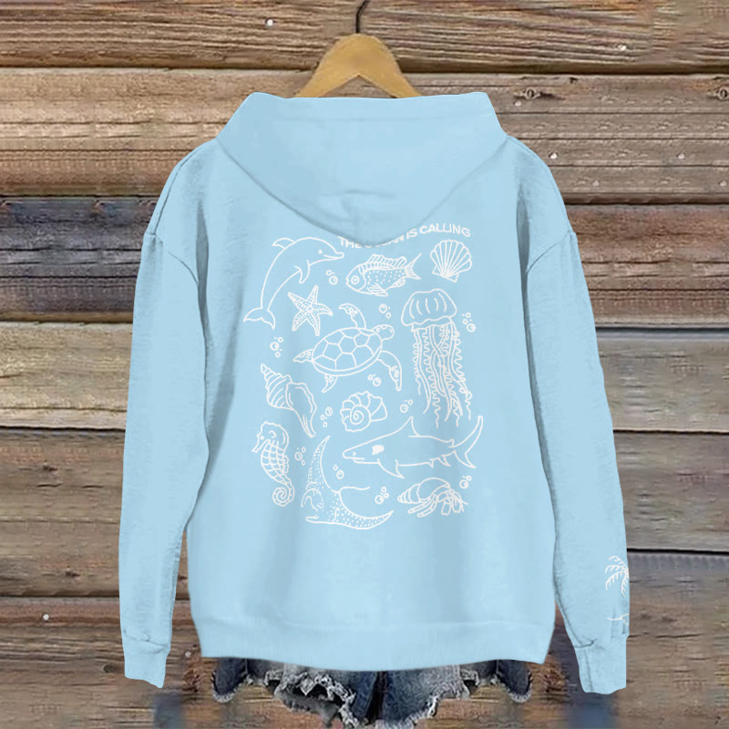 100% Cotton The Ocean Is Calling Print Hoodie - Light Blue - 2XL - image 1