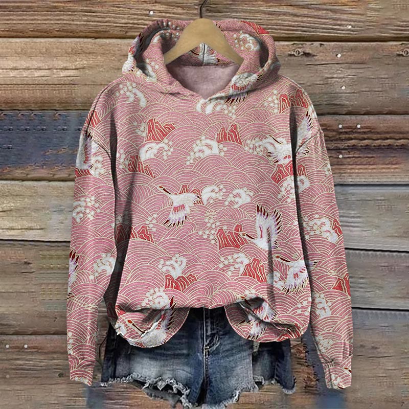 Japanese Art Waves Print Long Sleeve Hoodie - Dark Pink - 8XL - image 1