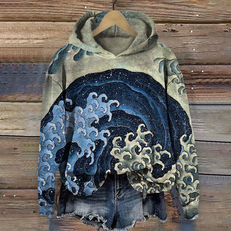 Wave Art Print Long Sleeve Hoodie - Dark Blue - 8XL - image 1