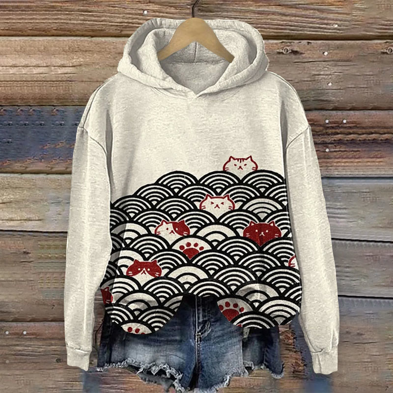 Waves And Cats Print Long Sleeve Hoodie - Beige - 8XL - image 1