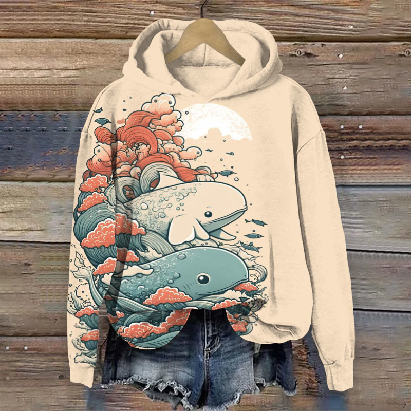 Cute Dolphin Painting Waves Print Long Sleeve Hoodie - Apricot - 8XL - image 1