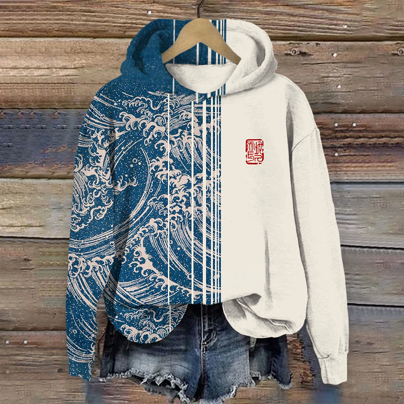 Japanese Art Waves Print Long Sleeve Hoodie - Beige - 8XL - image 1