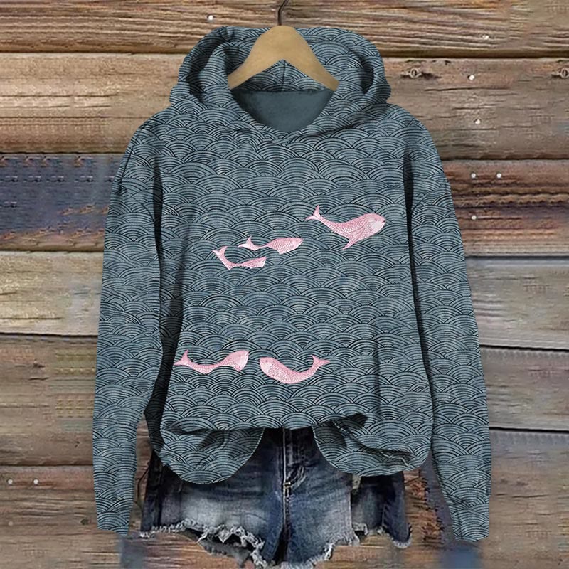 Waves And Fish Print Long Sleeve Hoodie - Grey - 8XL - image 1