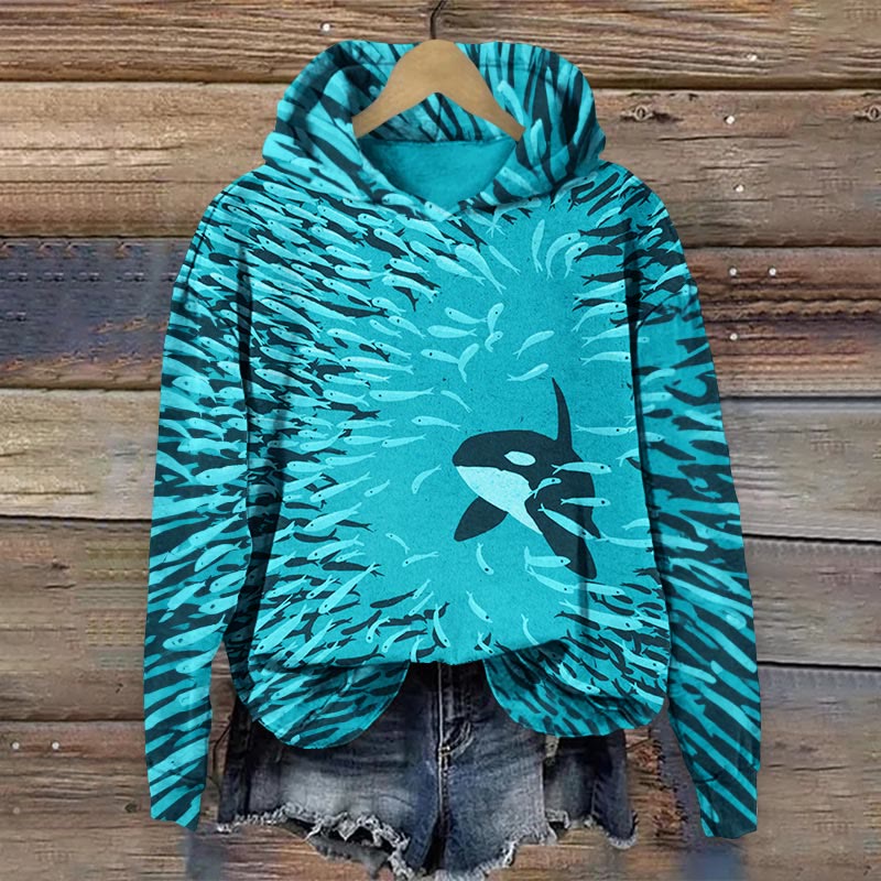 Orca And Herring Ball Art Print Long Sleeve Hoodie - Blue - 8XL - image 1
