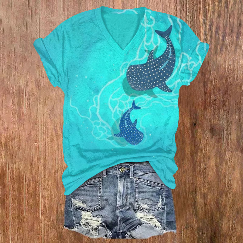 Two Whale Sharks On The Sea Floor Print T-shirt - Lake Blue - 5XL - image 1