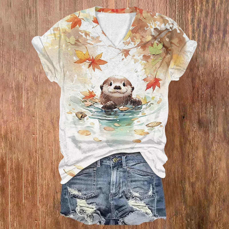 Otter And Maple Leaf Print T-shirt - White - 5XL - image 1