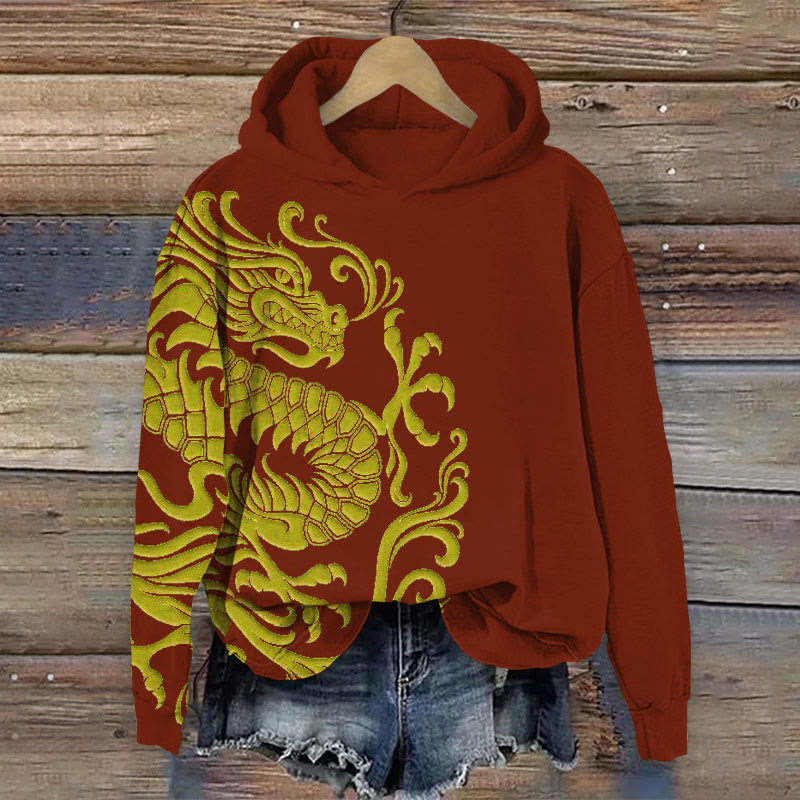 Art Dragon Print Long Sleeve Hoodie - Red - 8XL - image 1