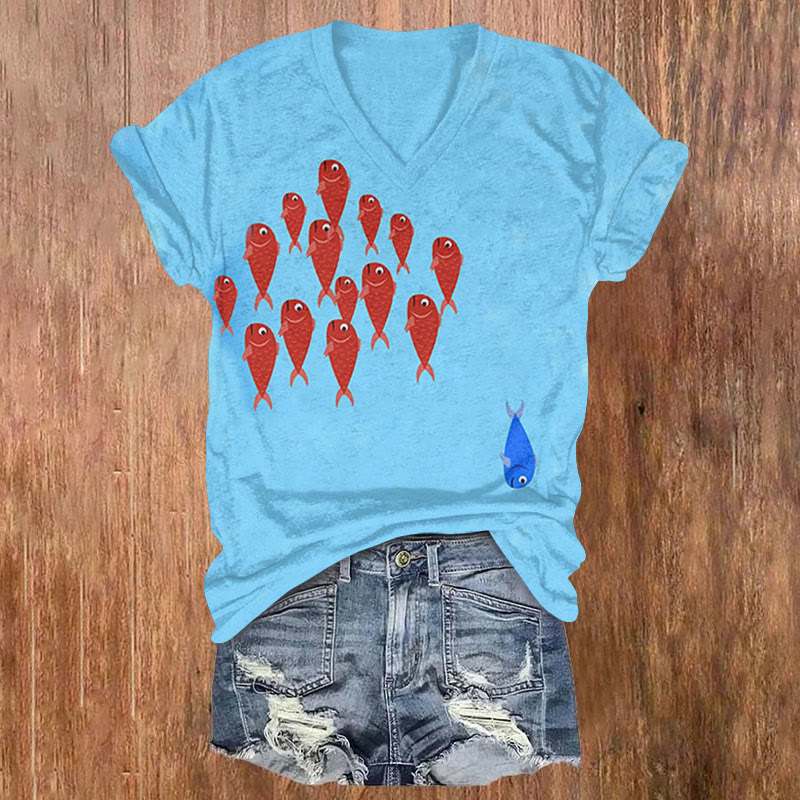 Fun Fish Print T-shirt - Sky Blue - 5XL - image 1