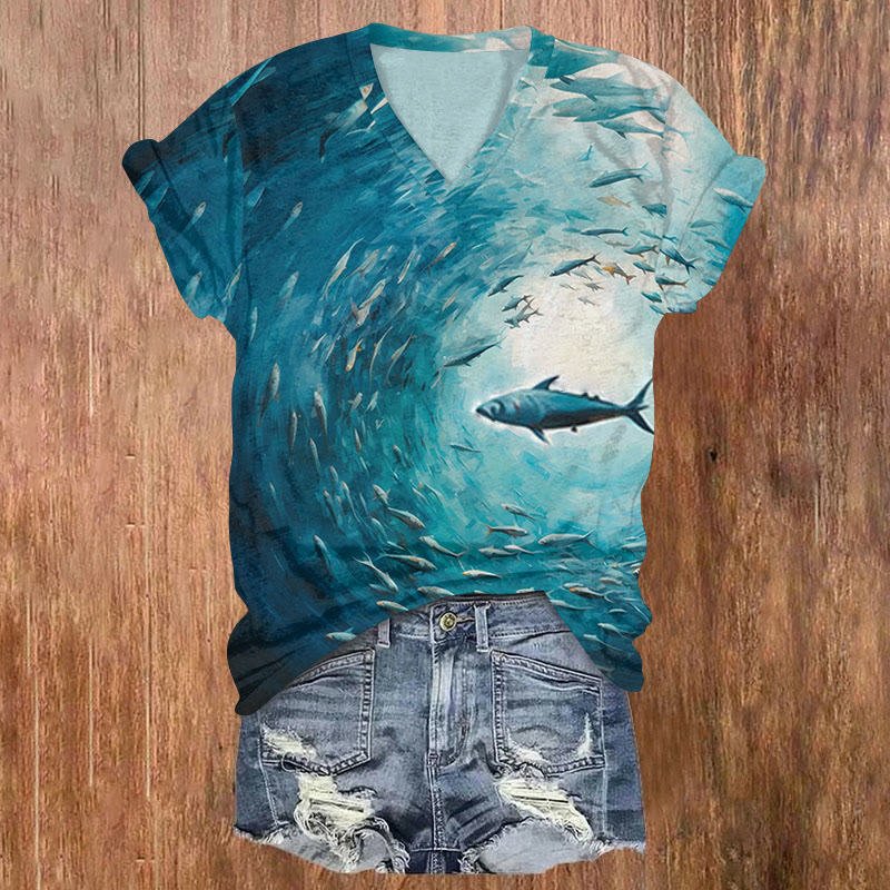 Sardines And Herring Print T-shirt - Lake Blue - 5XL - image 1