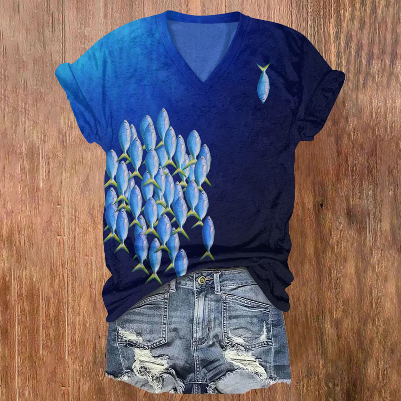 Personality Fish Print T-shirt - Royal Blue - 5XL - image 1