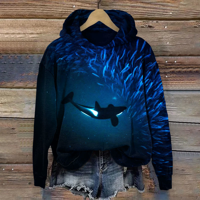 Sharks And Fish Print Long Sleeve Hoodie - Dark Blue - 8XL - image 1