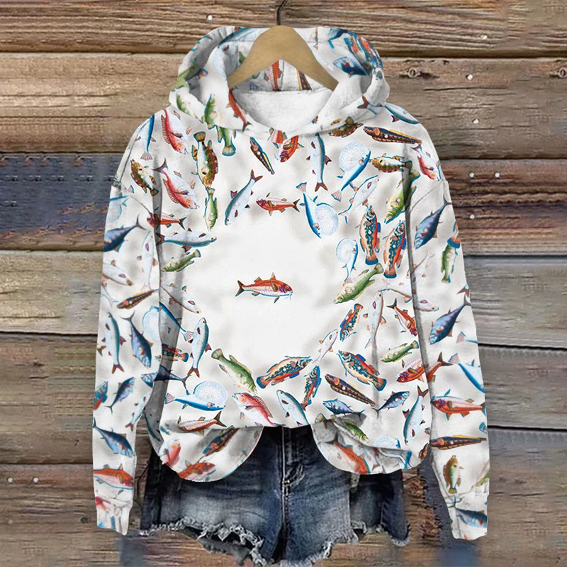 Personality Fish Print Long Sleeve Hoodie - White - 8XL - image 1